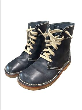 Navy Vintage Danish Leather Duck Boots Size 40 Navy Black Crepe Sole Lace Up